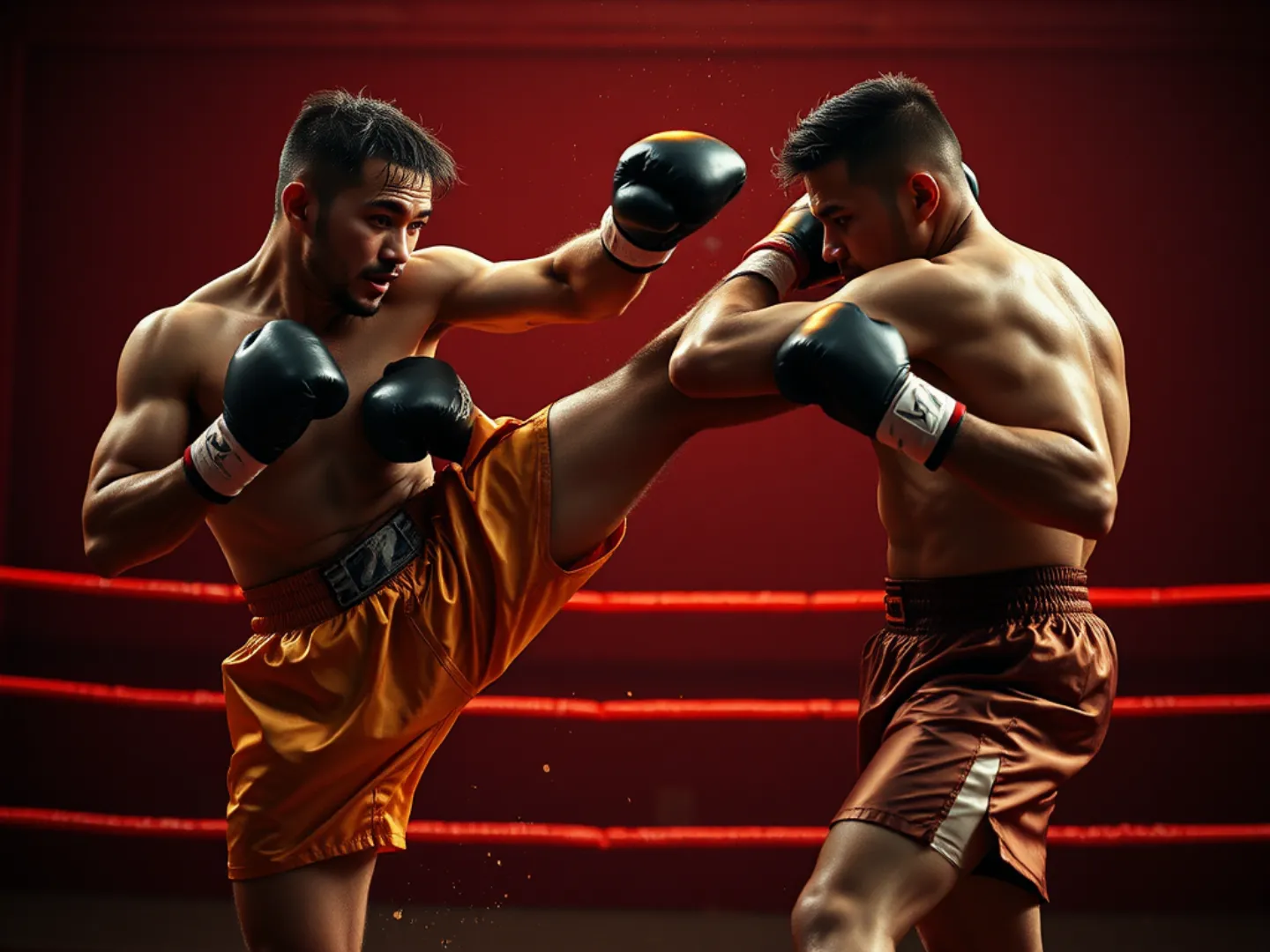 Dynamic kickboxing action with fighters mid-kick